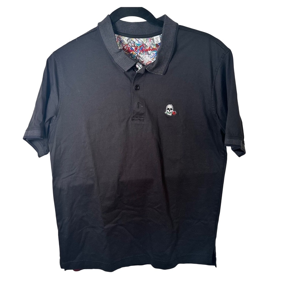 Robert Graham Polo Mens S Black Skull Rose Classic Fit Paisley Trim Short Sleeve